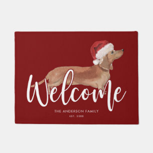 Christmas Tan Dachshund Personalised Red Doormat