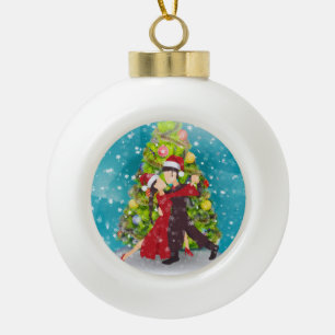 Christmas Tango Dancers in Front of Xmas Tree Ceramic Ball Christmas Ornament