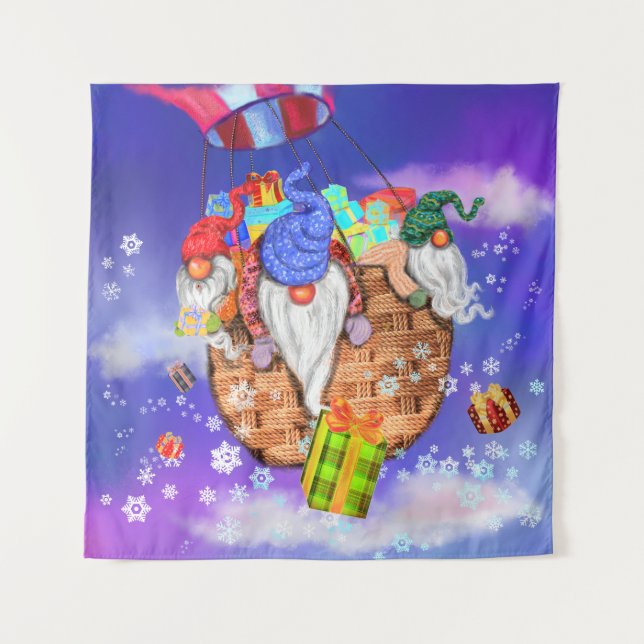 Christmas Tapestry Gnomes Flying and Gives Gifts (Front)