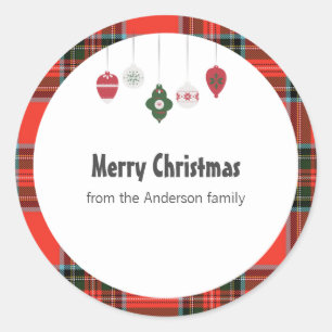 Christmas tartan and bauble classic round sticker