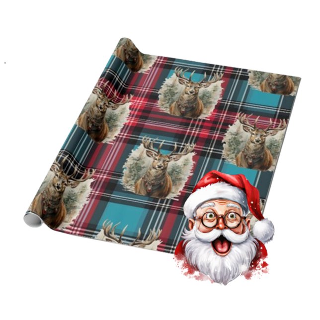Christmas Tartan  blue reindeer Wrapping Paper (Christmas Reindeer)