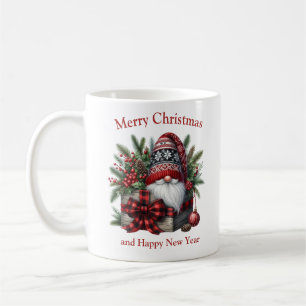Christmas tartan bow and gnome with presents coffee mug