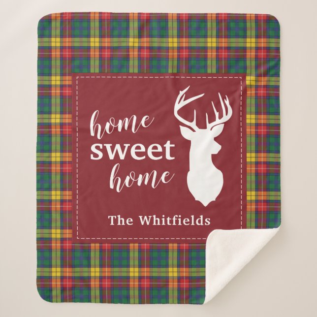 Christmas Tartan Clan Buchanan Plaid Home Sweet Sherpa Blanket (Front)