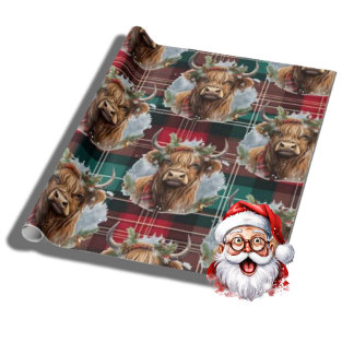 Christmas Tartan hunter green Highlander Cow  Wrapping Paper