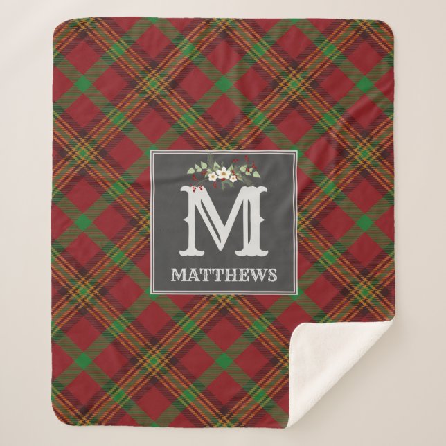 Christmas Tartan Monogram Family Pattern Holiday Sherpa Blanket (Front)