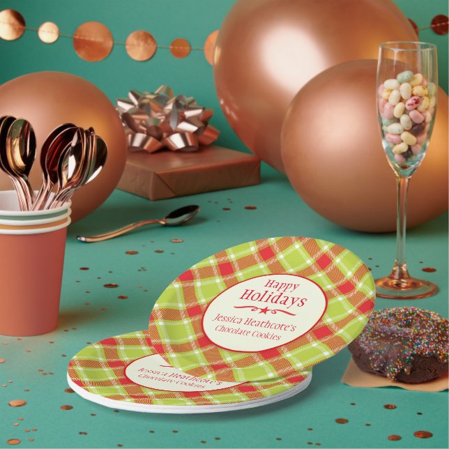 Christmas tartan name cookie exchange paper plate (Multi)
