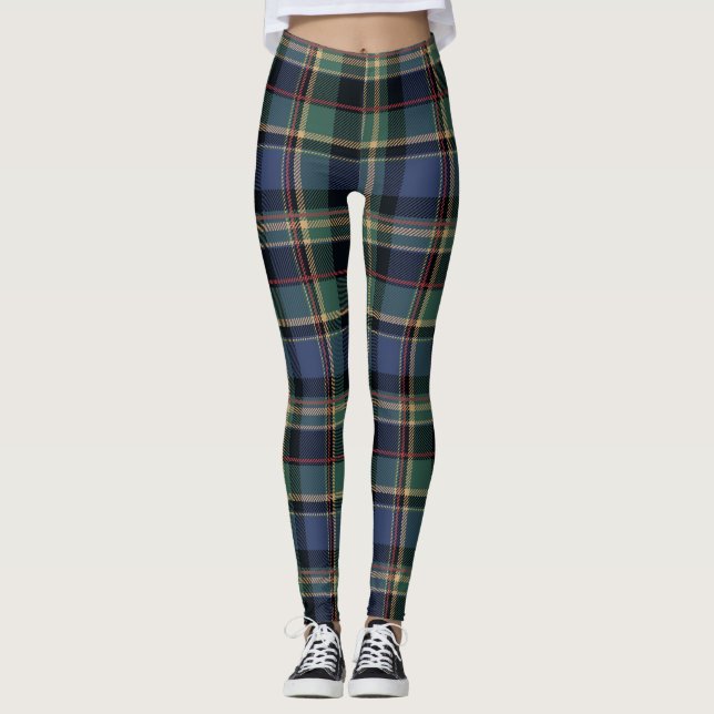 Christmas Tartan Navy Blue Green ID1141B Leggings (Front)