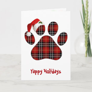 Christmas Tartan Plaid Dog Paw Print and Hat Card