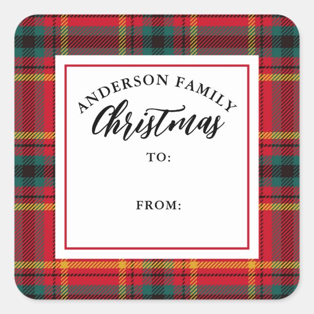 Christmas Tartan Plaid Family Name Gift Square Sticker (Front)