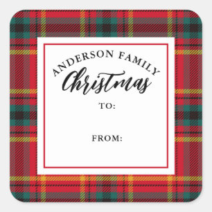 Christmas Tartan Plaid Family Name Gift Square Sticker