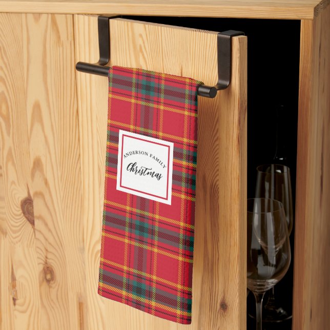 Christmas Tartan Plaid Family Name Tea Towel (Thirds Fold)