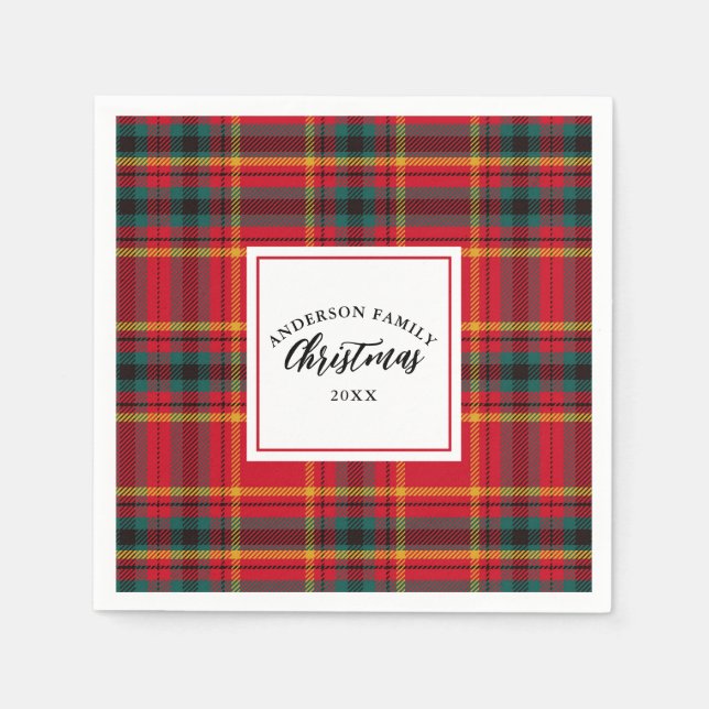 Christmas Tartan Plaid Family Name Year Napkin (Front)