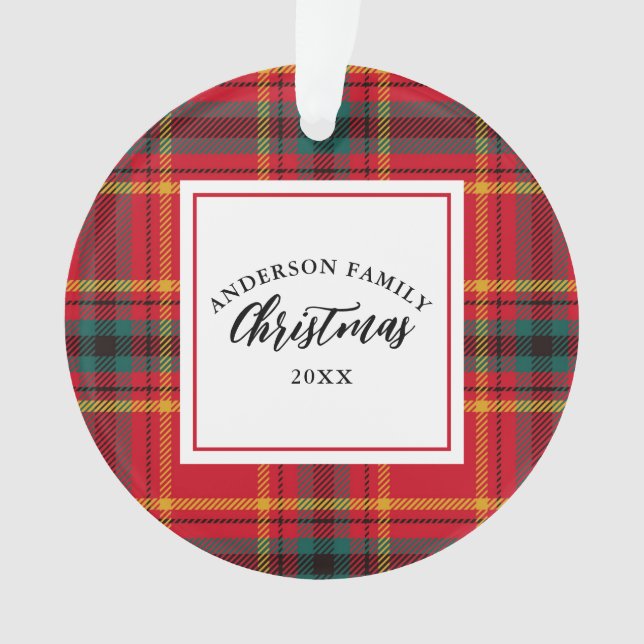 Christmas Tartan Plaid Family Name Year Ornament (Front)