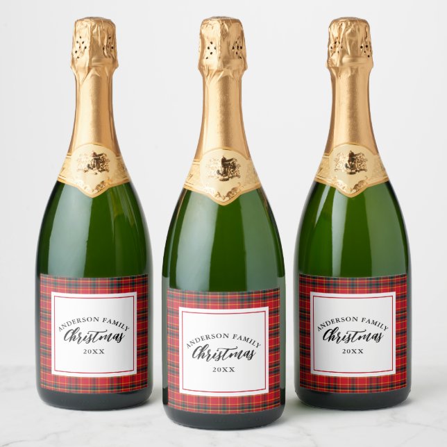 Christmas Tartan Plaid Family Name Year Sparkling Wine Label (Bottles)