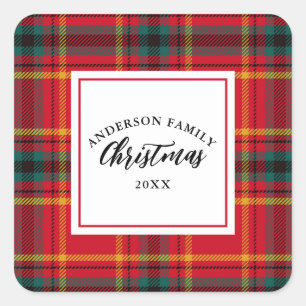 Christmas Tartan Plaid Family Name Year Square Sticker