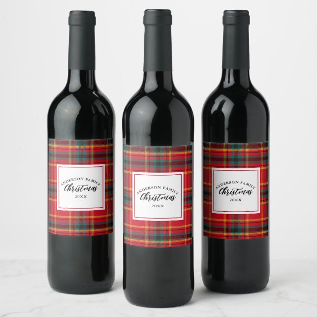 Christmas Tartan Plaid Family Name Year Wine Label (Bottles)