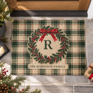 Christmas Tartan Plaid Monogram Surname Wreath Doormat