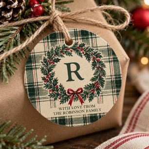 Christmas Tartan Plaid Monogram Surname Wreath Favour Tags