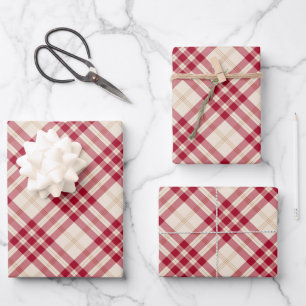 Christmas tartan plaid red white diagonal pattern wrapping paper sheet
