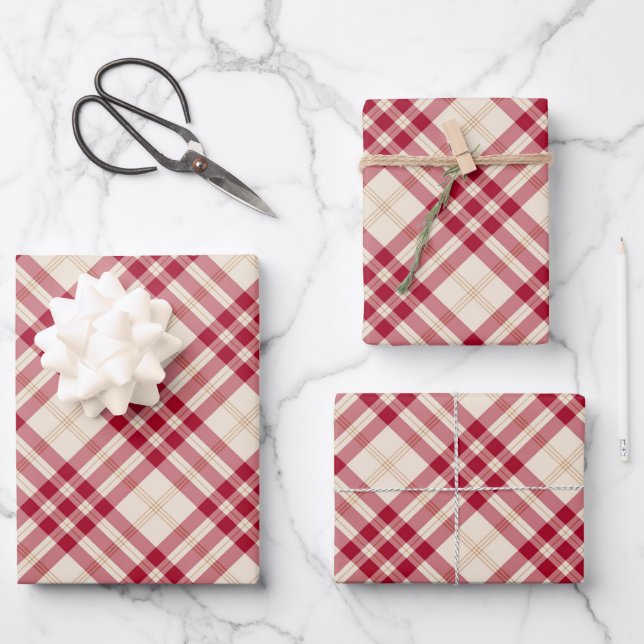 Christmas tartan plaid red white diagonal pattern wrapping paper sheet (Front)