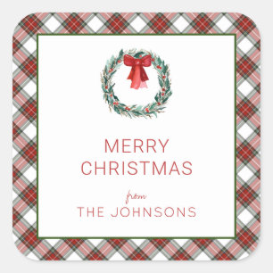 Christmas Tartan Plaid Wreath Bow Square Sticker