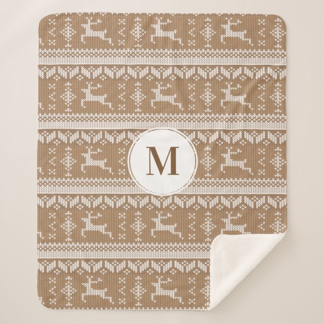 Christmas  Taupe & White Norwegian Deer | Monogram Sherpa Blanket (Front)