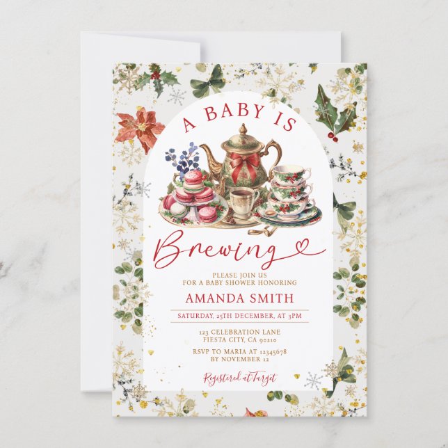 Christmas Tea a baby is brewing Baby Shower Floral Invitation (Front)