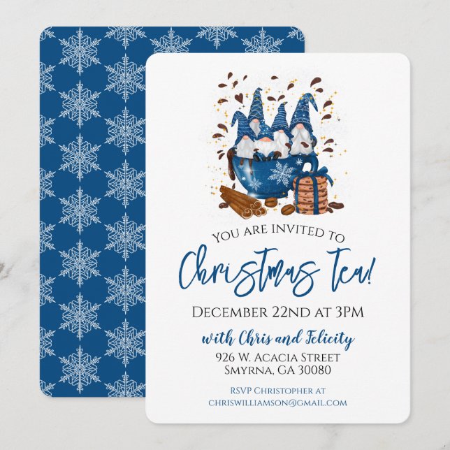 Christmas Tea Blue Gnome Party Invitation (Front/Back)