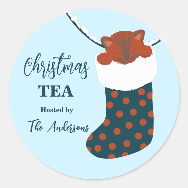  Christmas Tea Holly’s Boots Cat Party gift Classic Round Sticker (Front)