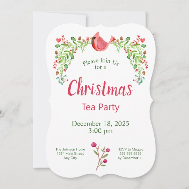 Christmas Tea Party Cardinal Watercolor Invitation (Front)