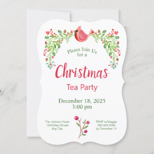 Christmas Tea Party Cardinal Watercolor Invitation