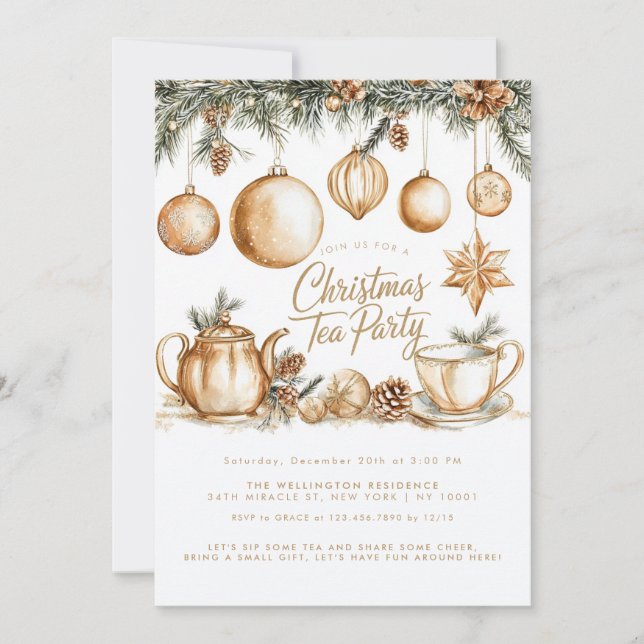 Christmas Tea Party Minimalist Elegant Gold Invitation (Front)