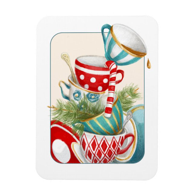 Christmas Tea Party  Red Green Teacups Magnet (Vertical)