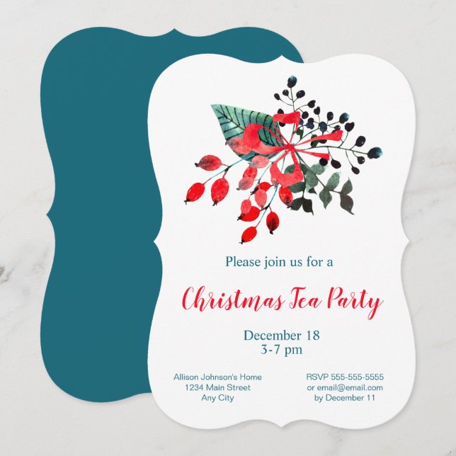 Christmas Tea Party Red & Teal Winter Bouquet Invitation (Front/Back)
