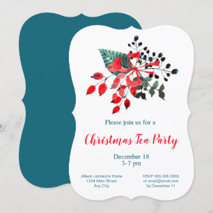 Christmas Tea Party Red & Teal Winter Bouquet Invitation