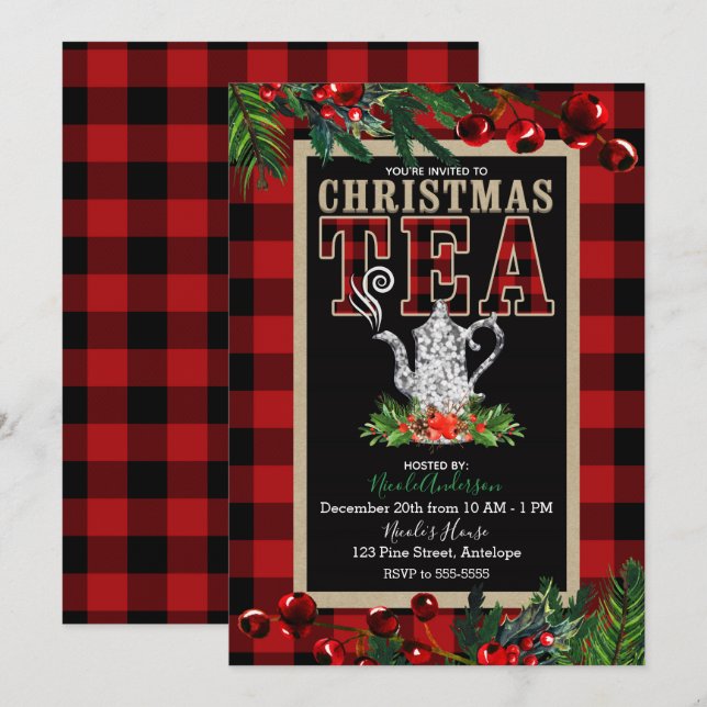 Christmas Tea Party Rustic Red Black Buffalo Plaid Invitation (Front/Back)