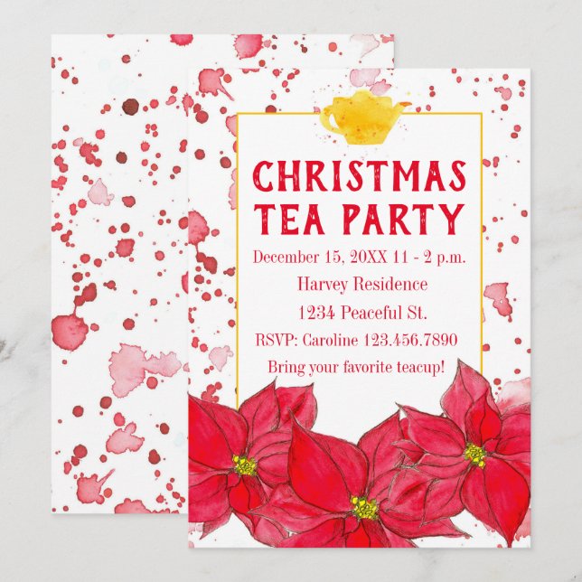 Christmas Tea Party Teapot Poinsettias Invitation (Front/Back)