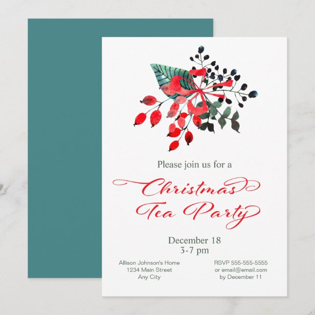 Christmas Tea Party Winter Berries Floral Invitation (Front/Back)