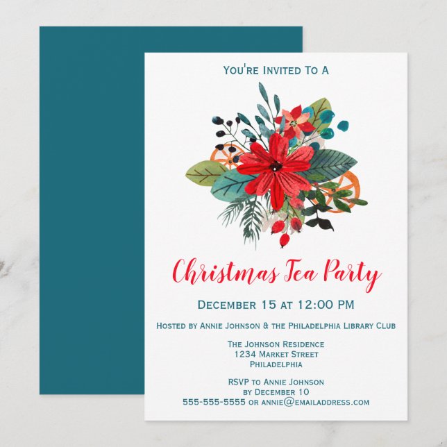 Christmas Tea Party Winter Florals & Fruit Invitation (Front/Back)