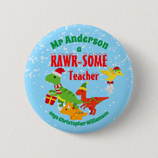 Christmas Teacher Appreciation Kids Dinosaur Blue 6 Cm Round Badge (Front)