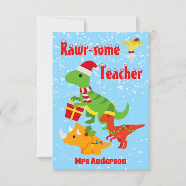 Christmas Teacher Appreciation Kids Dinosaur Flat Thank You Card (Front)
