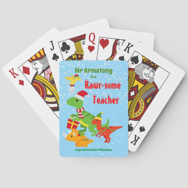 Christmas Teacher Appreciation Kids Dinosaur Playing Cards (Back)