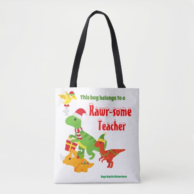 Christmas Teacher Appreciation Kids Dinosaur Tote Bag (Front)