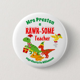 Christmas Teacher Appreciation Kids Dinosaur White 6 Cm Round Badge