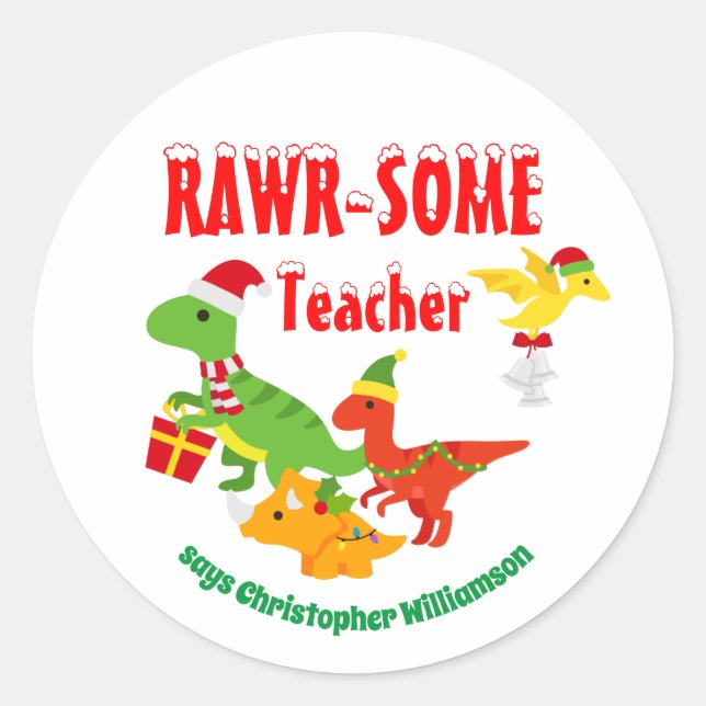 Christmas Teacher Appreciation Kids Dinosaur White Classic Round Sticker (Front)
