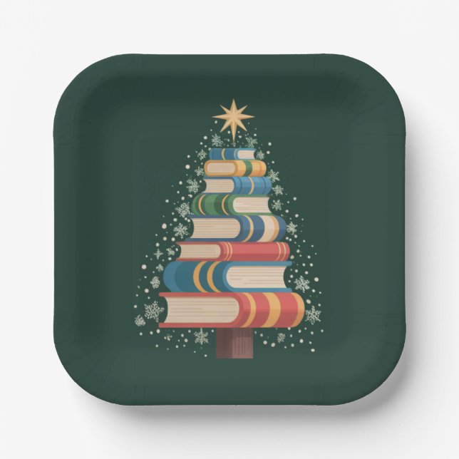 Christmas Teacher Books Tree Xmas Reading Holiday Paper Plate (Front)
