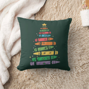 Christmas Teacher Crayon Tree Cute Xmas Lights Cushion