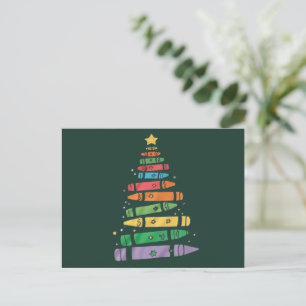 Christmas Teacher Crayon Tree Cute Xmas Lights  Holiday Postcard