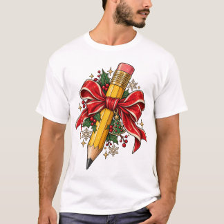 Christmas Teacher Pencil Red Bow Holiday T-Shirt