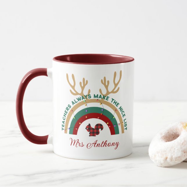 Christmas teacher rainbow nice list cute gift mug (With Donut)